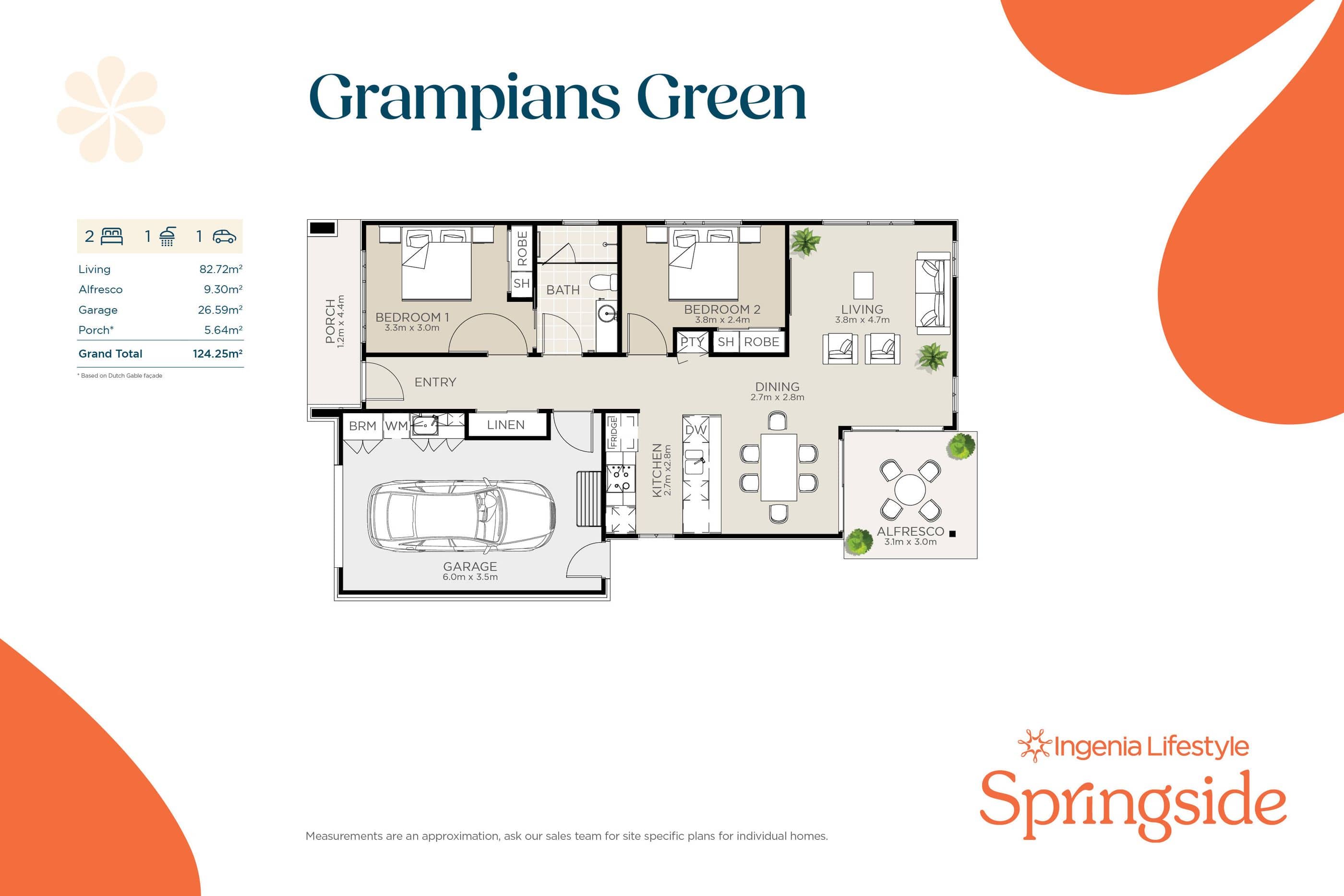 Ingenia Lifestyle Grampians Green floor plan showing 2 bedrooms, 1 bathroom, living, dining, kitchen, garage and alfresco.