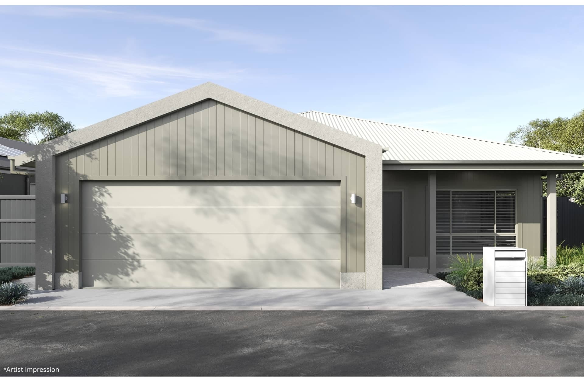 Modern single-story Ingenia Lifestyle home with an integrated garage, landscaped garden, and contemporary mailbox.