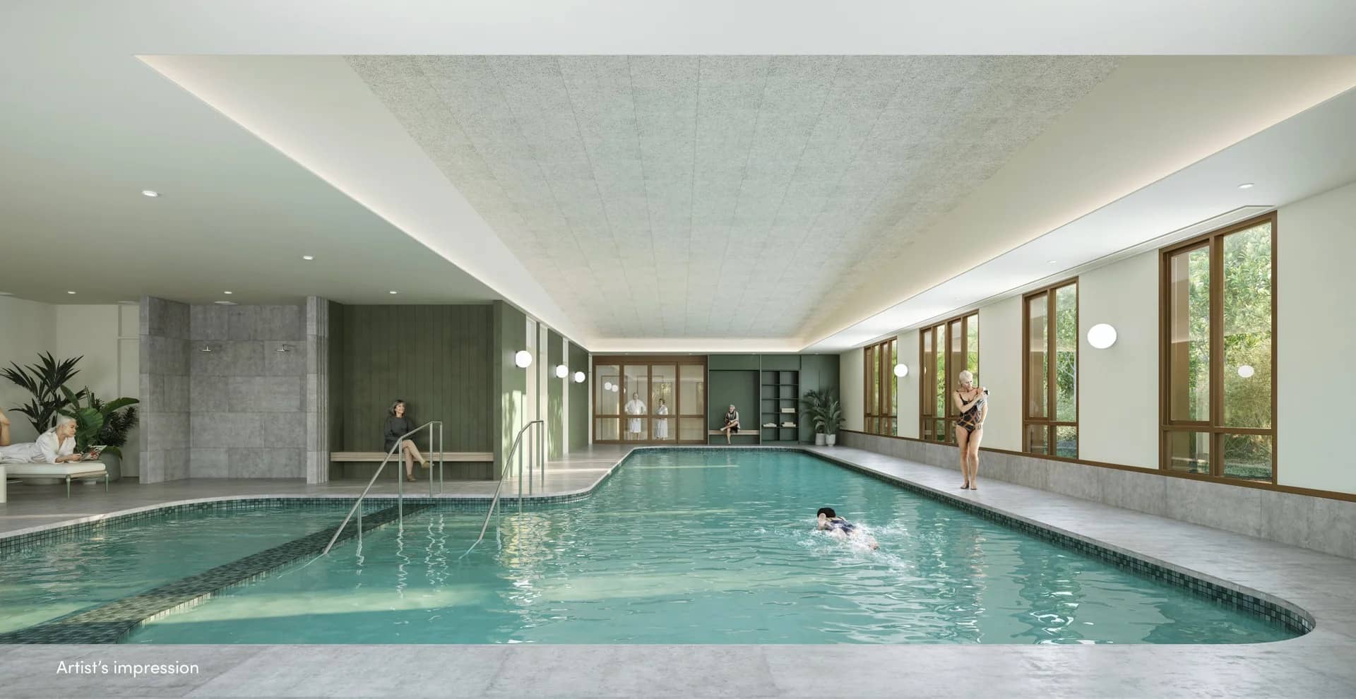 Ingenia Lifestyle indoor swimming pool featuring residents swimming, relaxing on lounge chairs, and sitting by the water amidst large windows.