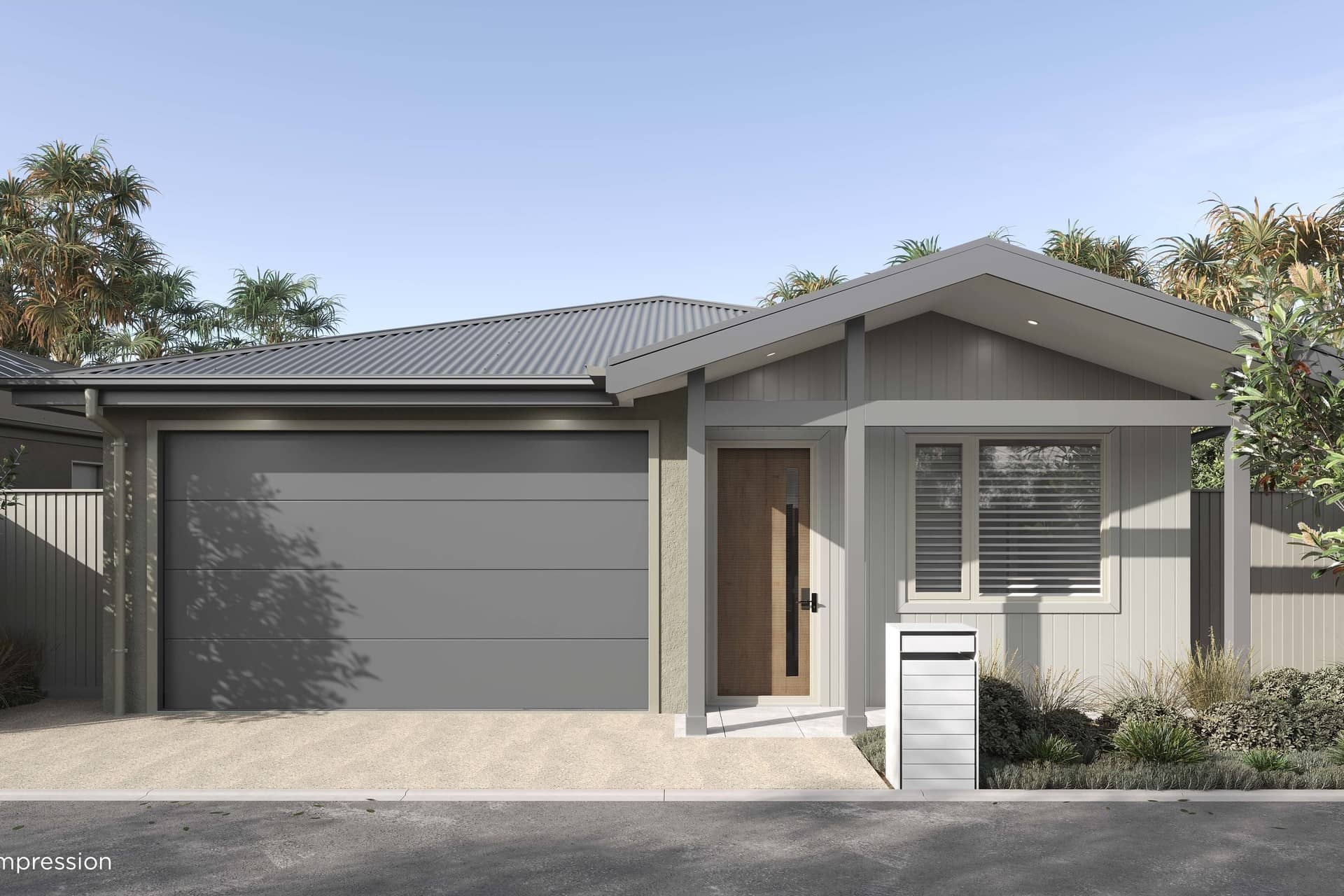 A modern Ingenia Lifestyle home with a grey garage door, light grey cladding, and a timber-look front door.