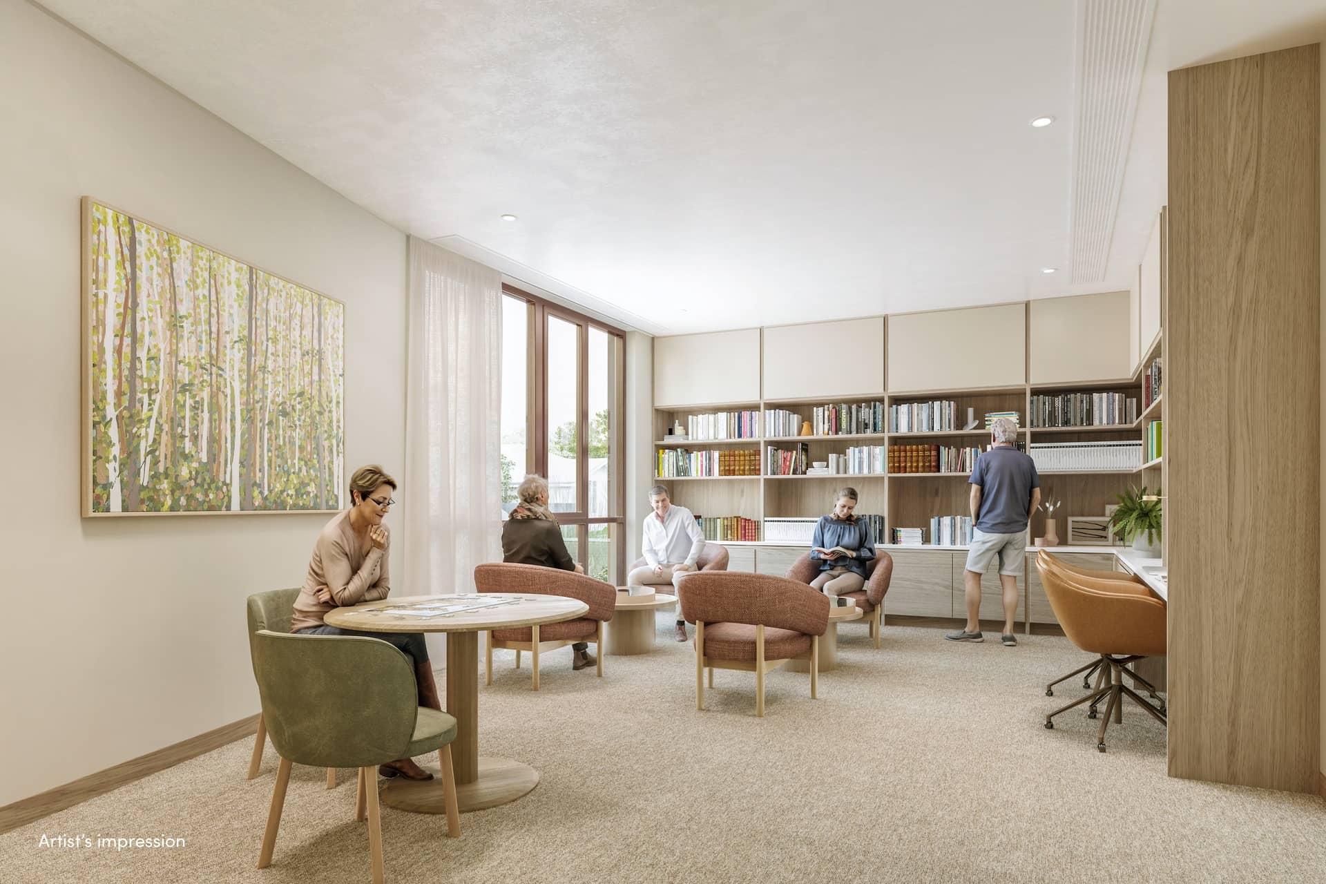 People socialize, read, and do a puzzle in a bright Ingenia Lifestyle community library with extensive bookshelves.