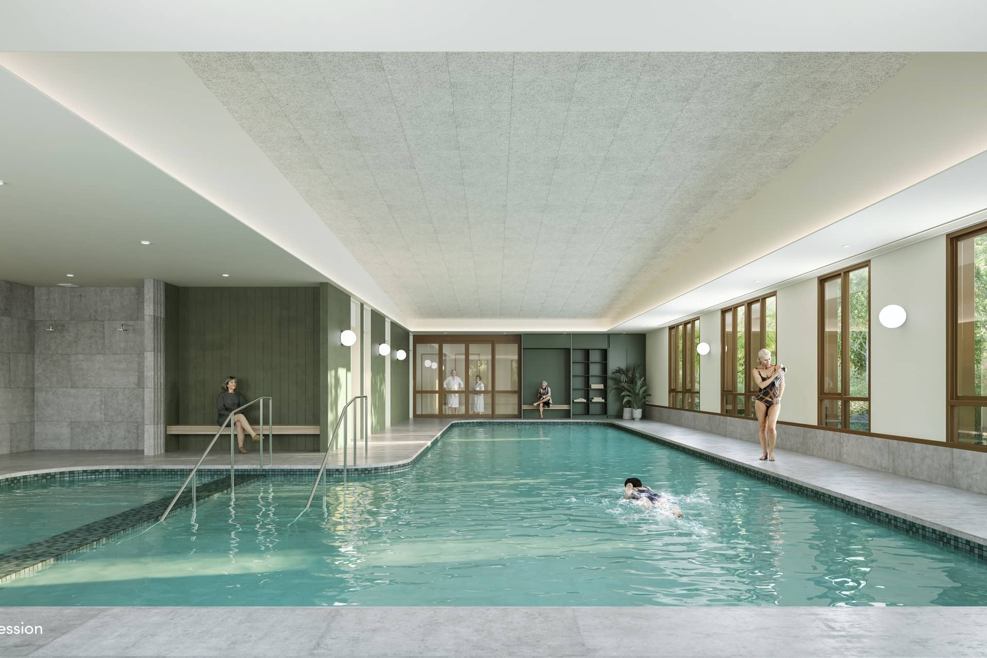 Indoor swimming pool in a bright Ingenia Lifestyle community facility, with people swimming and relaxing poolside.