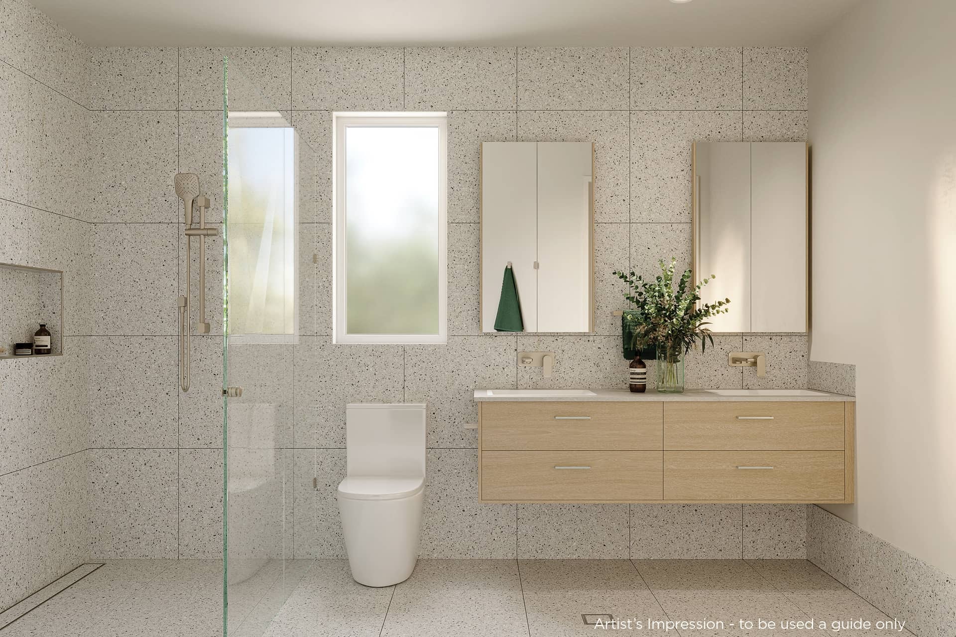 A contemporary bathroom featuring light speckled tiles, a walk-in shower, toilet, and a floating wooden vanity.