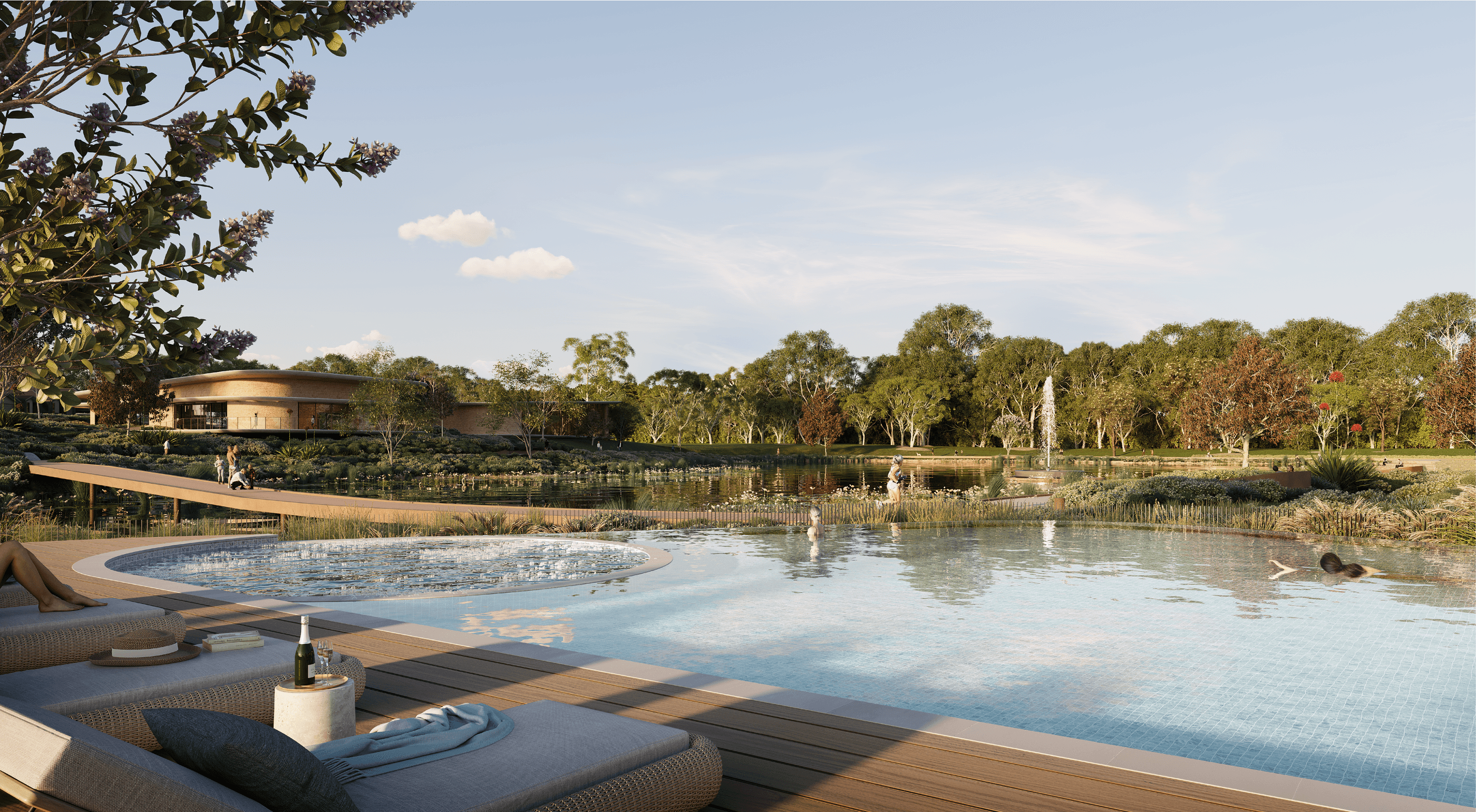 A serene Ingenia Lifestyle community with a sparkling pool, lake with fountain, and clubhouse.