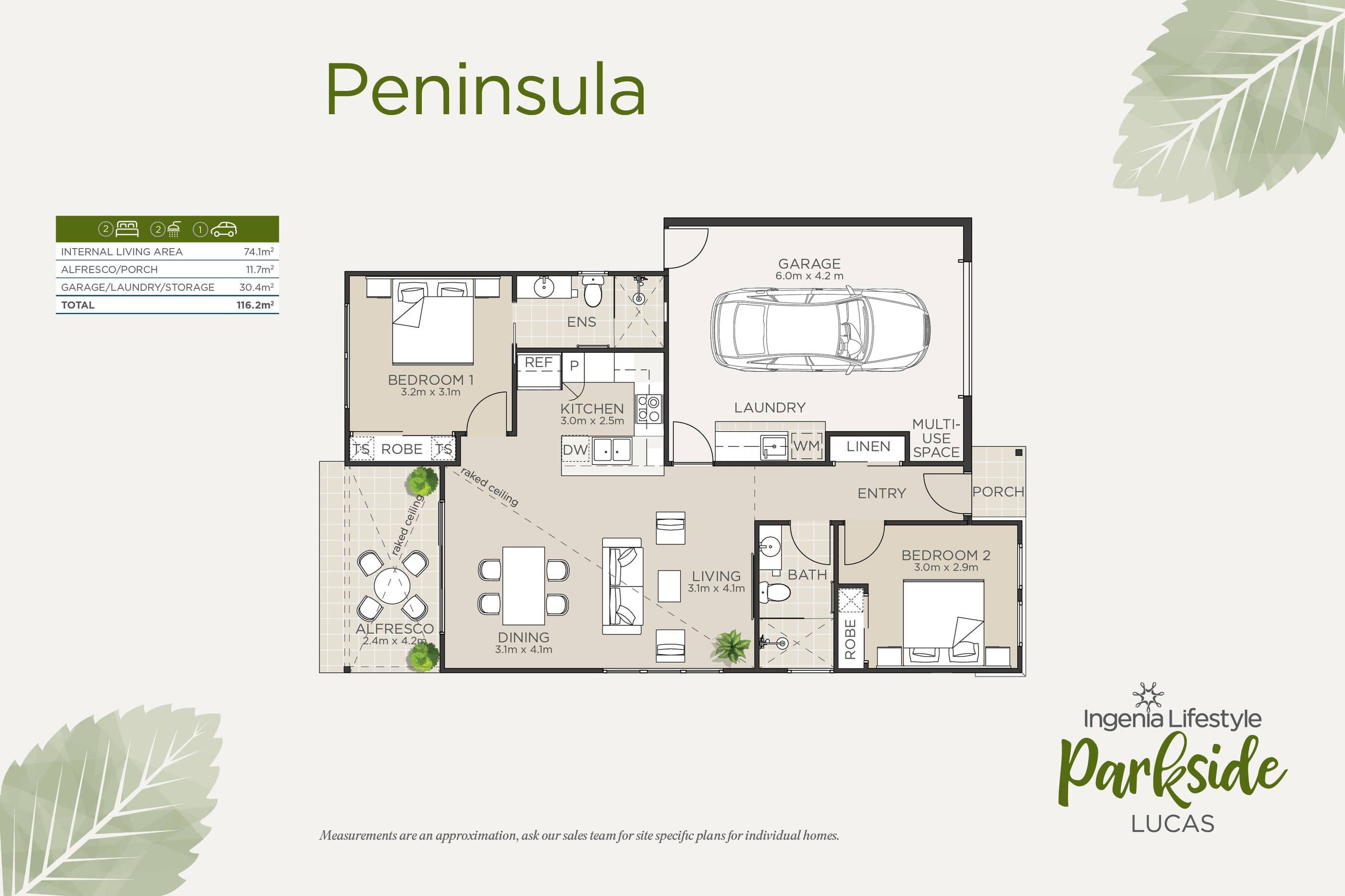 Floor plan for the Peninsula home at Ingenia Lifestyle Parkside Lucas, showing 2 bedrooms, 1 bathroom, living, dining, kitchen and garage.