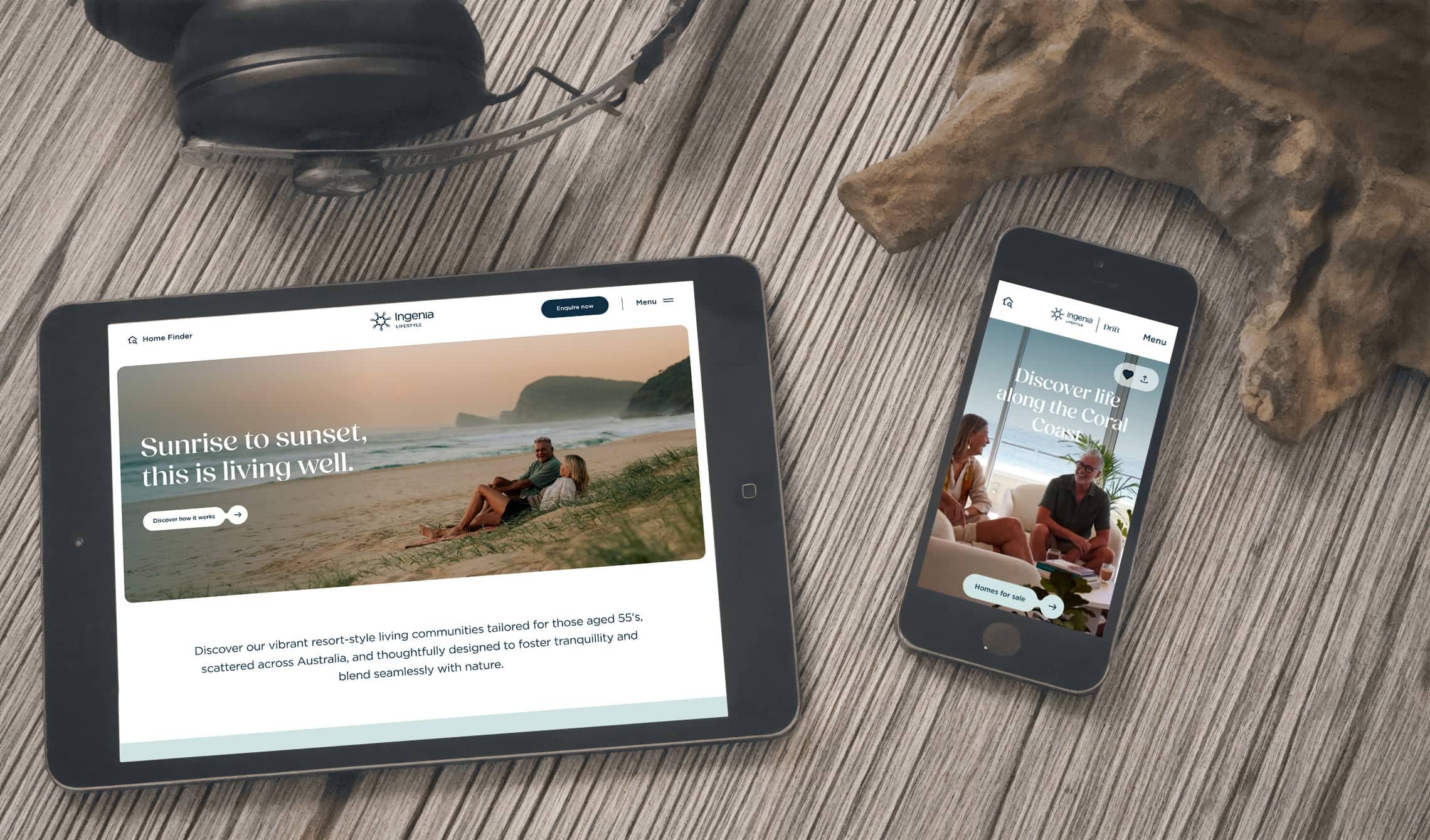 Ingenia Lifestyle website displayed on a tablet and smartphone, showing beach and home scenes.