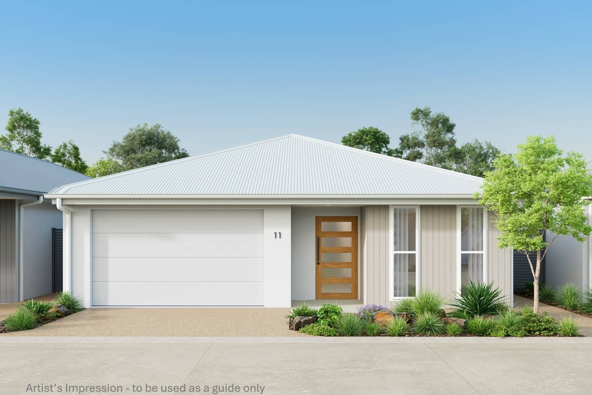 Ingenia Lifestyle home with a white garage door and a timber front door.