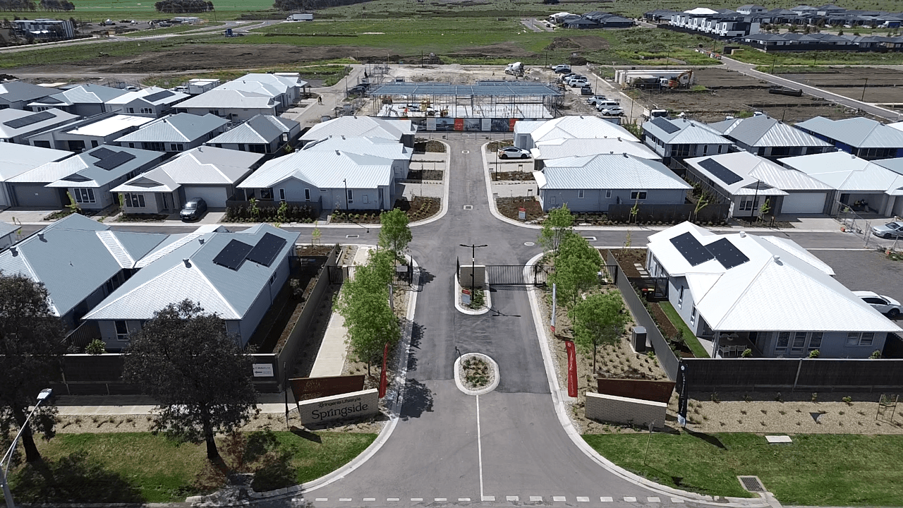 Aerial view of Ingenia Lifestyle Springside community with land lease homes and under-construction amenities.