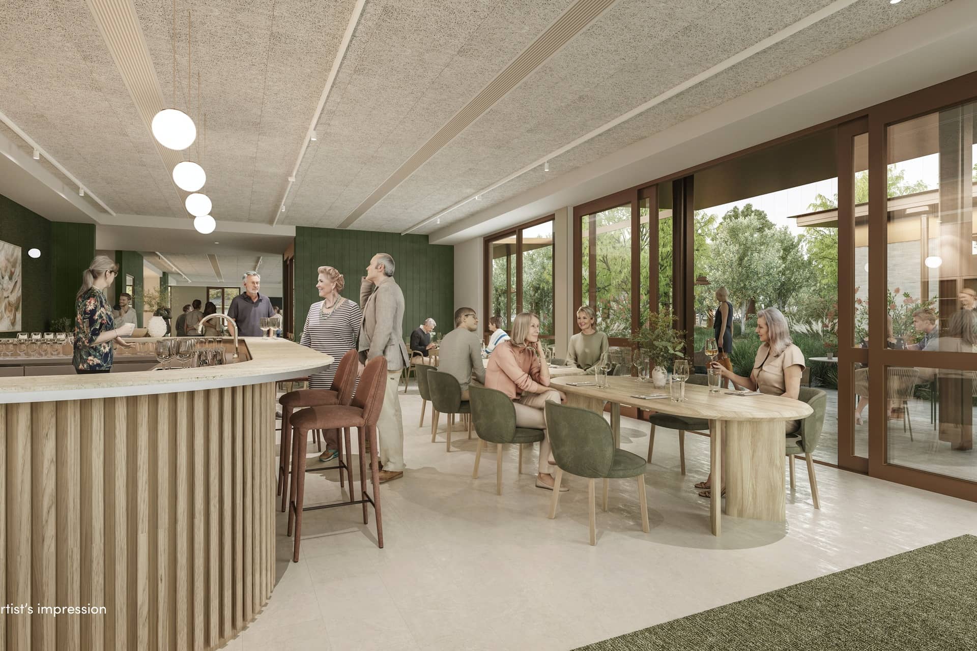 People socializing in a bright Ingenia Lifestyle community clubhouse with a bar, seating, and garden views.