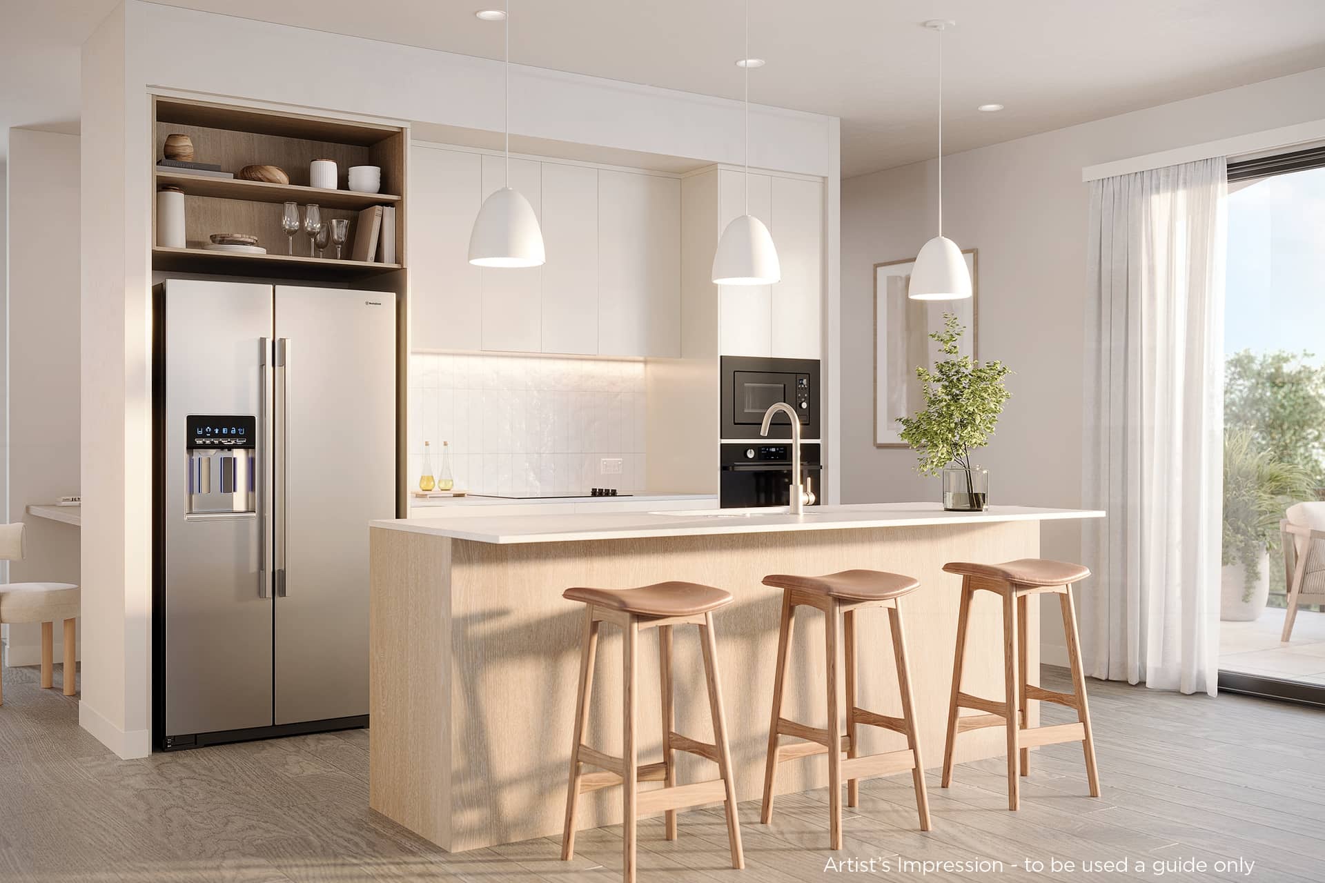 Modern kitchen in an Ingenia Lifestyle home with island, three bar stools, stainless steel appliances, and patio access.