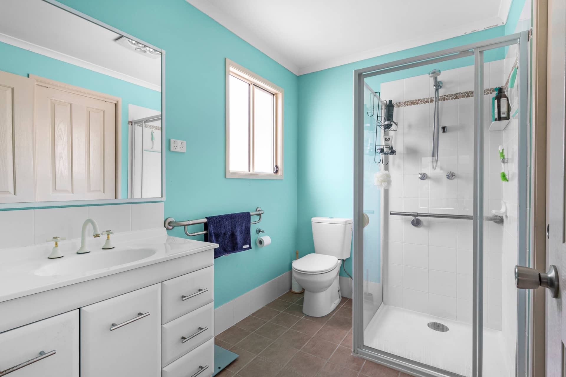 A bathroom with teal walls, white vanity, toilet, and a glass shower with accessible grab rails in a low-maintenance home.