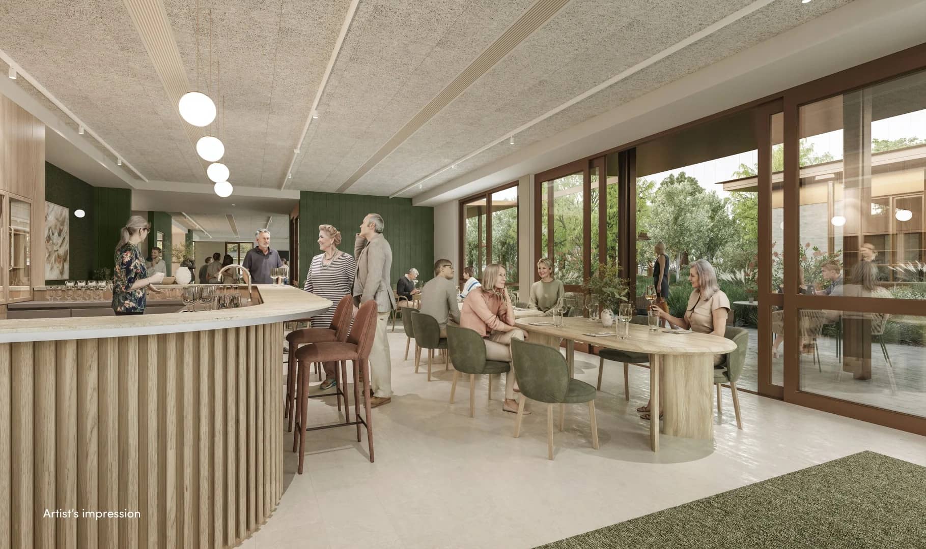 Artist's impression: Ingenia Lifestyle community facility with people at a bar and dining, overlooking landscaped grounds.
