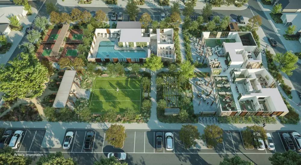 Artist's impression: Ingenia Lifestyle community with diverse shared facilities including a pool, sports courts, clubhouse, and gardens.