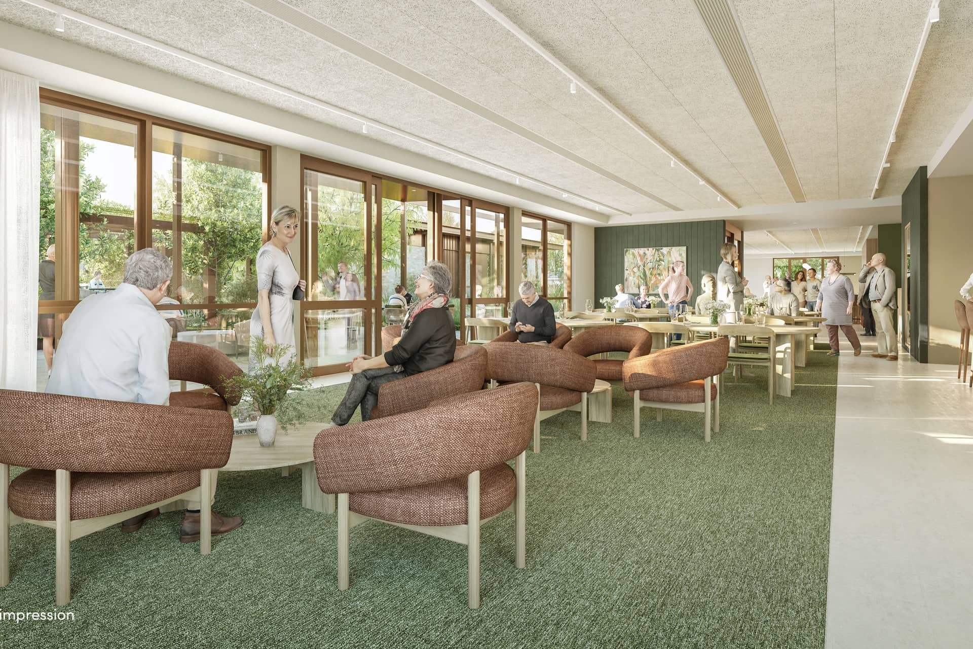 People socialising in a modern Ingenia Lifestyle community clubhouse with lounge seating, tables, and large windows to greenery.