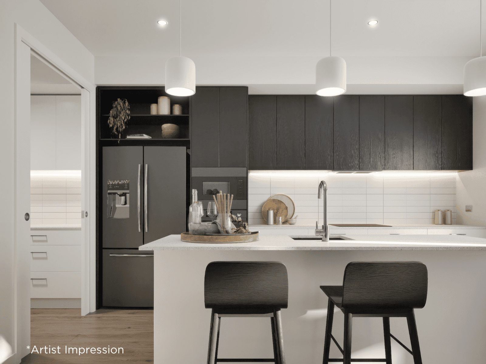 Modern kitchen in an Ingenia Lifestyle home featuring dark cabinetry, white subway tiles, and an island bench.