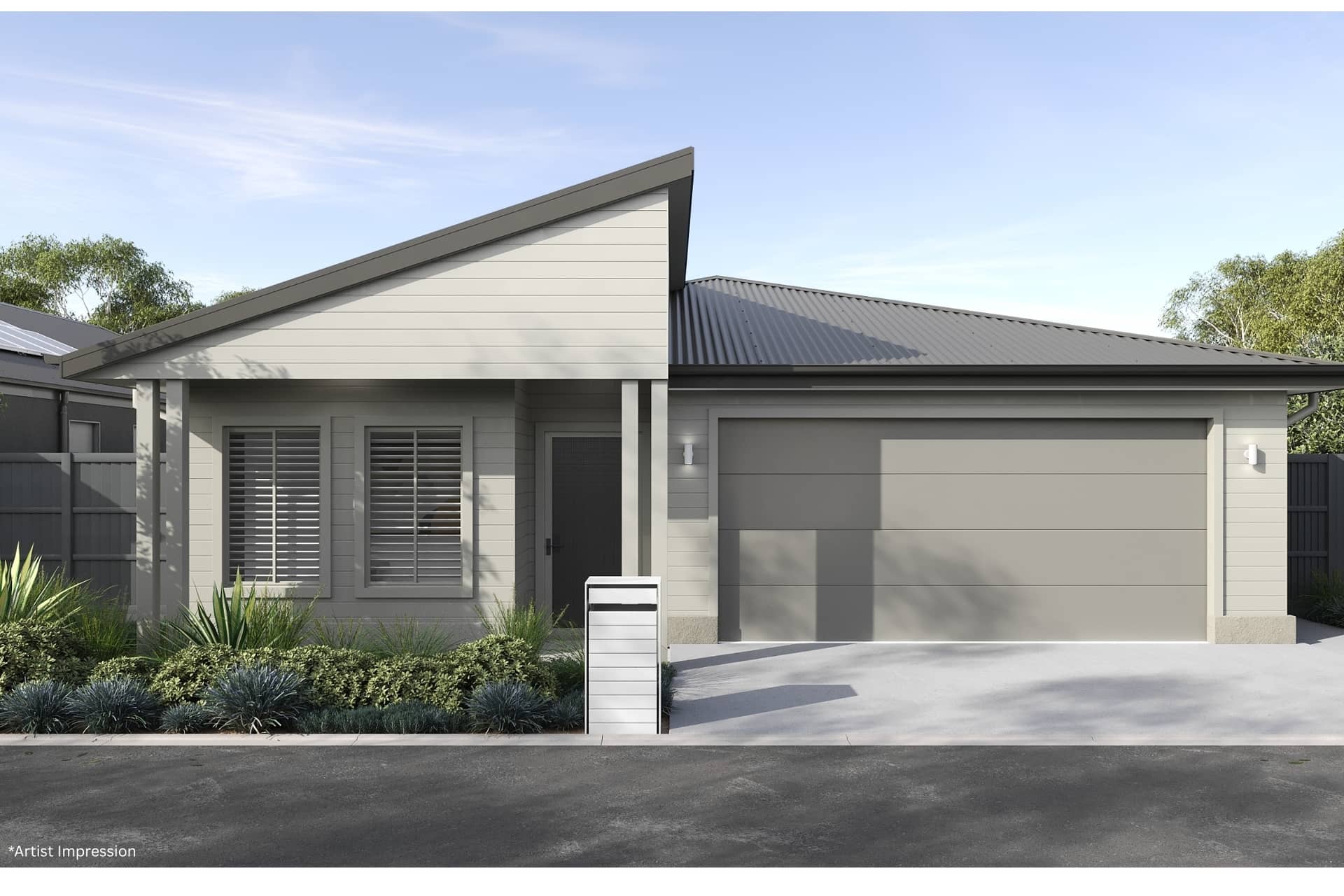 Front view of a modern Ingenia Lifestyle home with light grey cladding, a dark corrugated roof, garage, and low-maintenance front garden.