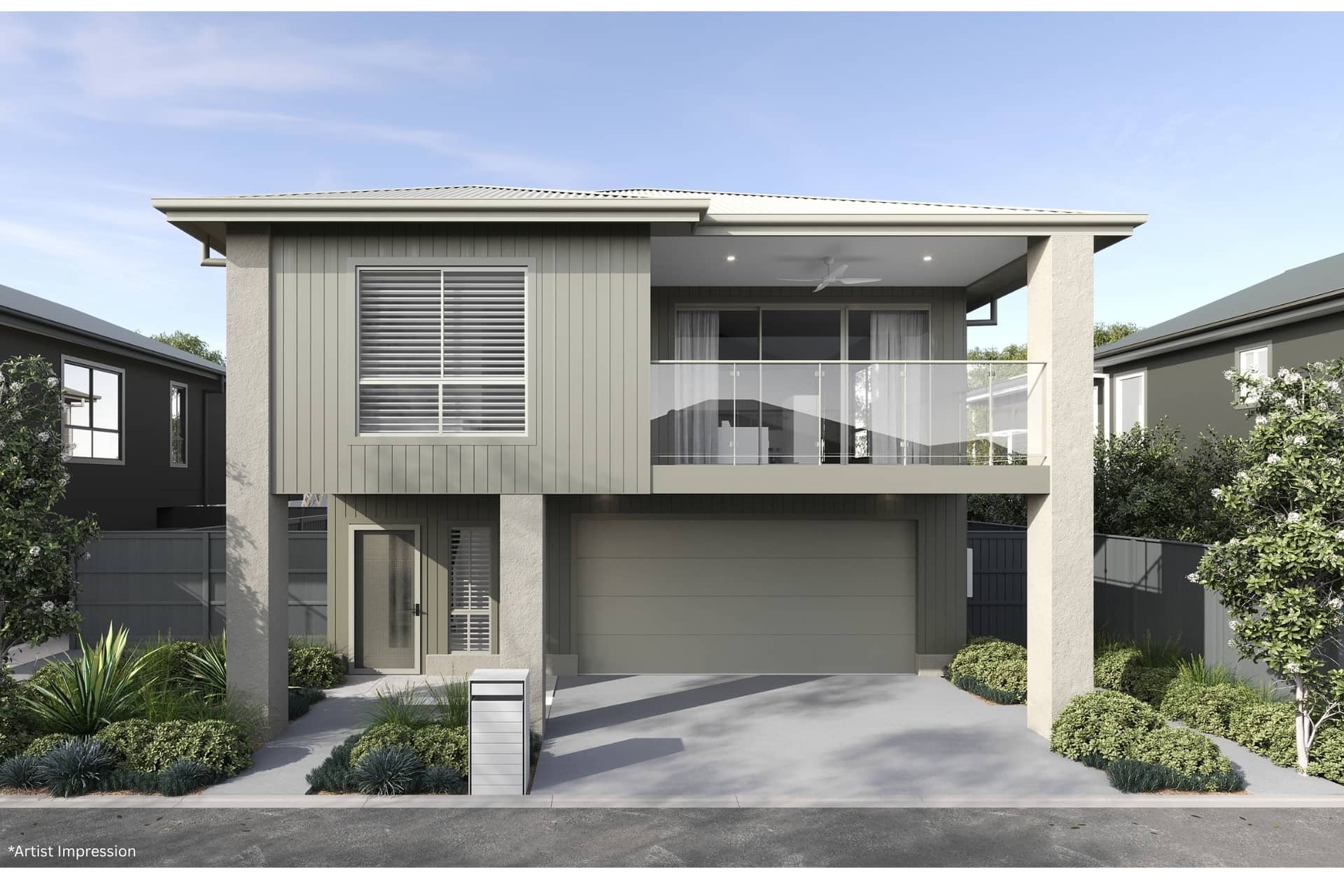 A modern two-story Ingenia Lifestyle home featuring a balcony, garage, and low-maintenance landscaping.