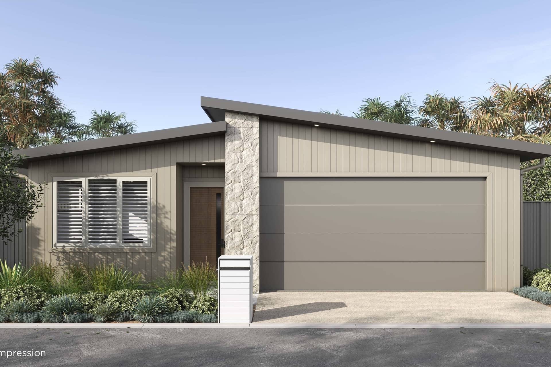 Modern Ingenia Lifestyle land lease home with beige siding, stone accent, garage, and landscaping.