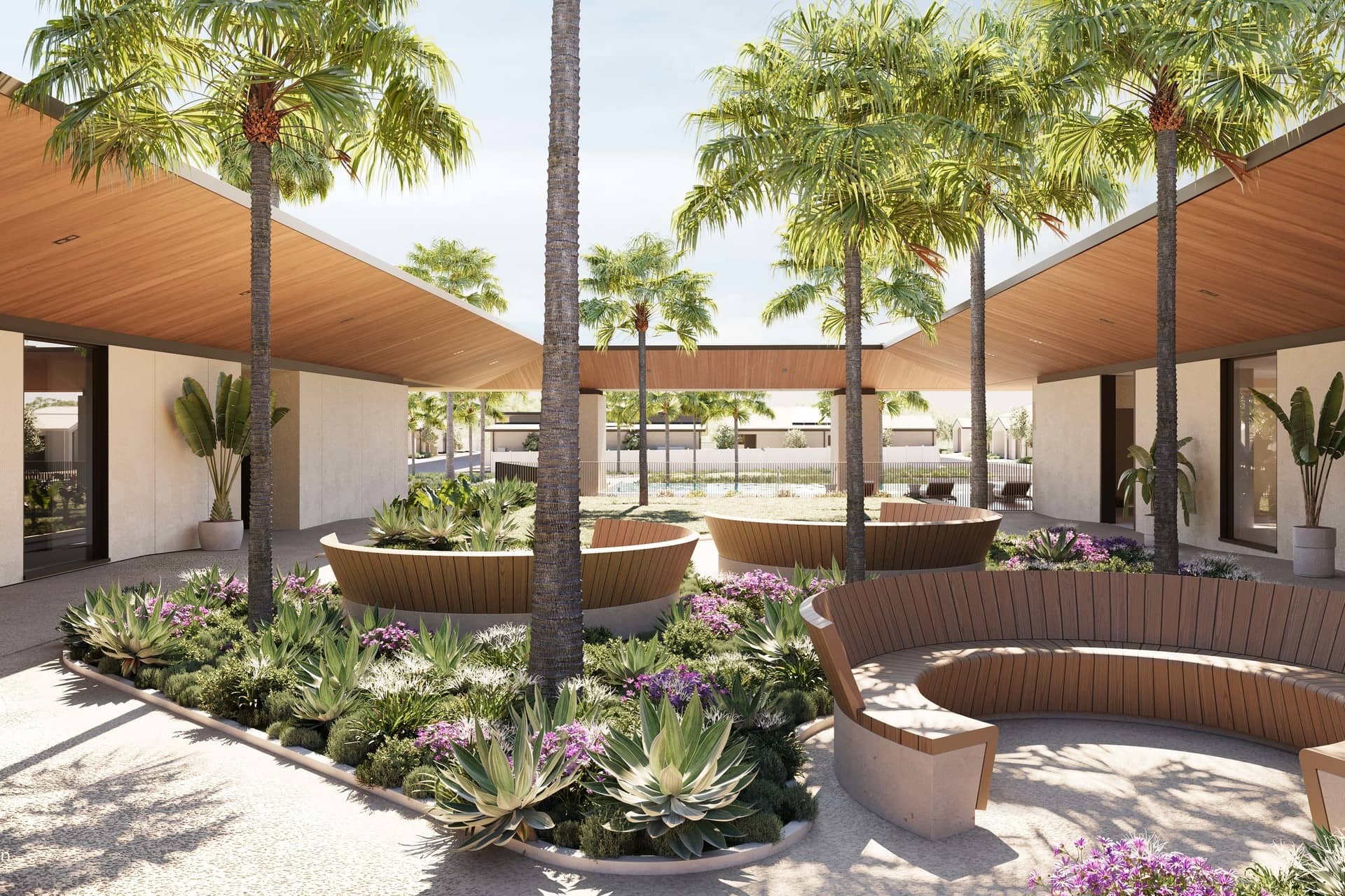 Landscaped outdoor area in an Ingenia Lifestyle community, with palm trees, curved benches, and lush plants, featuring modern buildings.