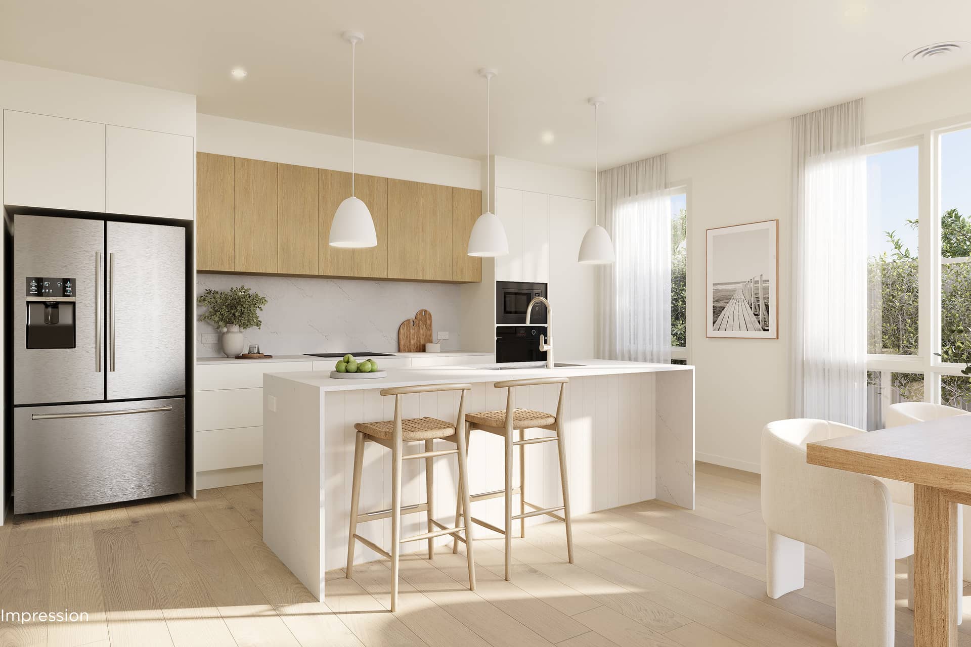Modern kitchen in an Ingenia Lifestyle home featuring a white island, wood & white cabinetry, and stainless steel appliances.