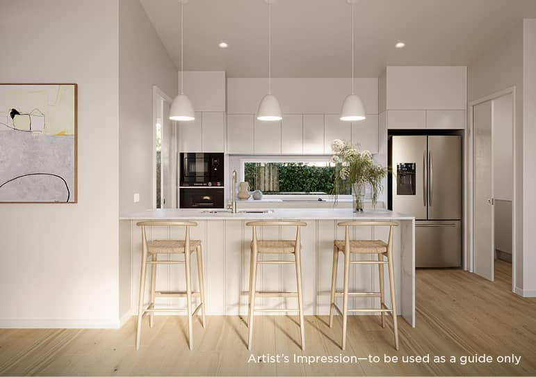 A modern kitchen in an Ingenia Lifestyle home, with white cabinets, island, three stools, stainless steel appliances, and wooden floors.