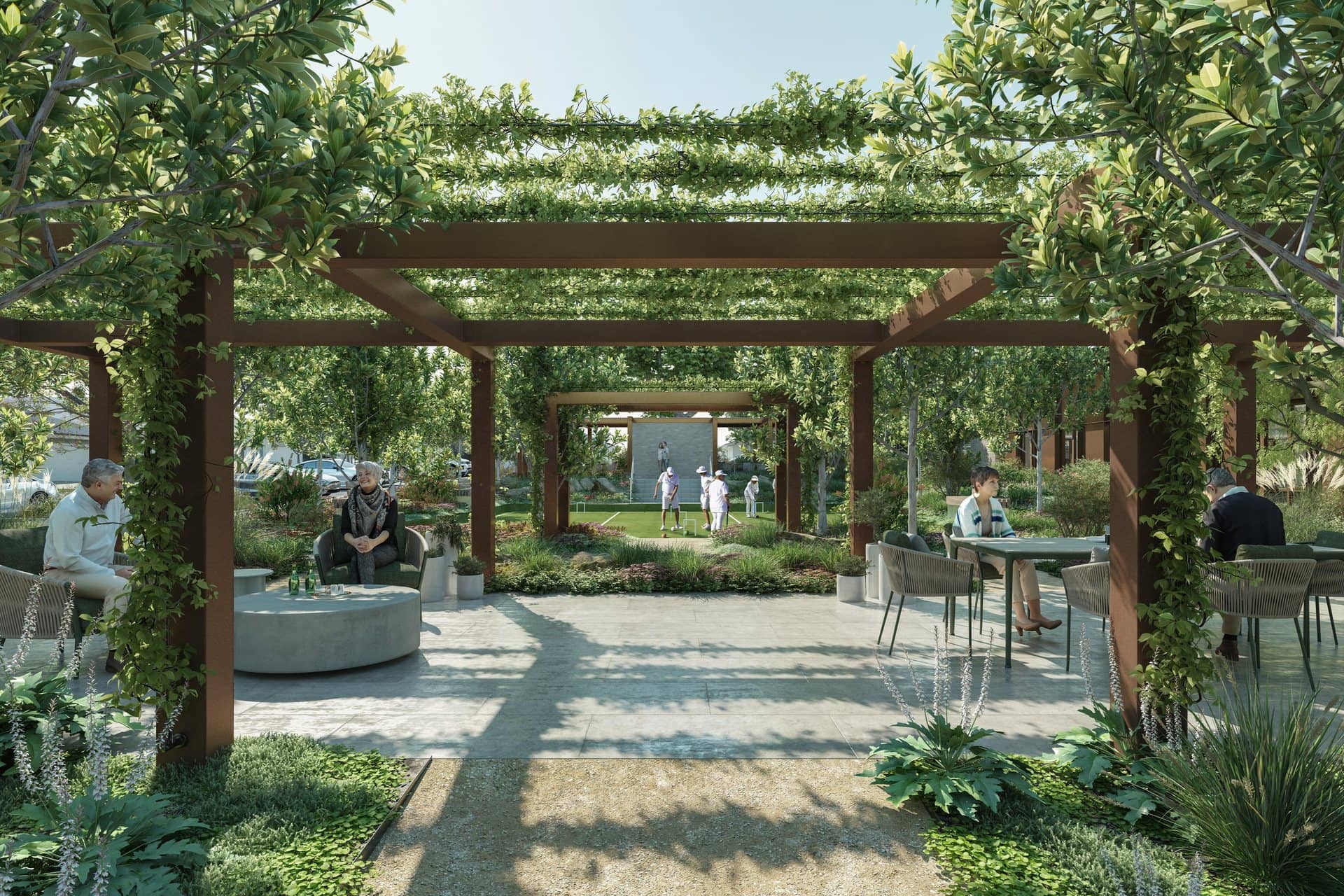Ingenia Lifestyle community residents socialize under pergolas and play croquet on a green lawn amidst landscaped grounds.