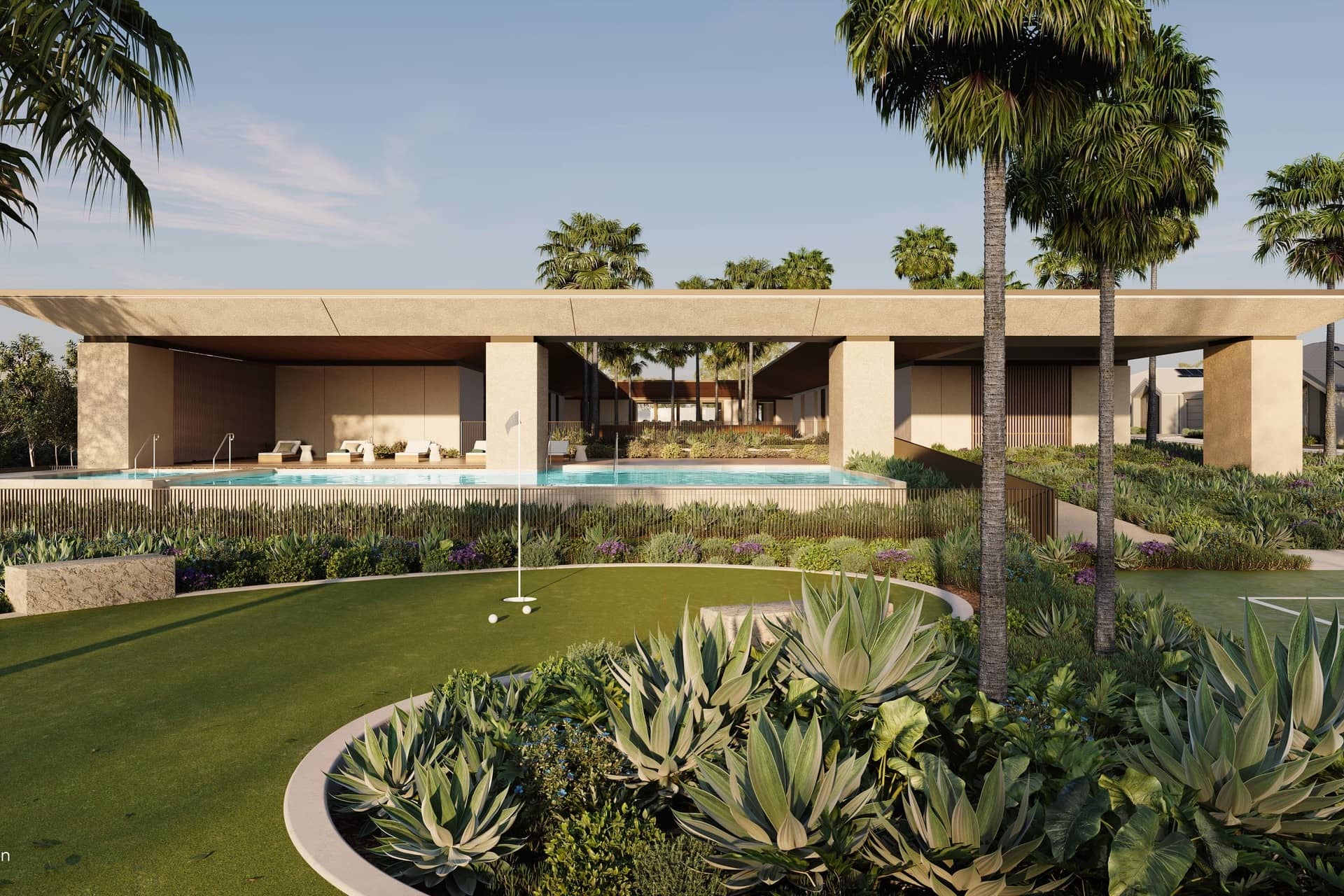 Ingenia Lifestyle community amenities including a pool, putting green, and landscaped gardens.