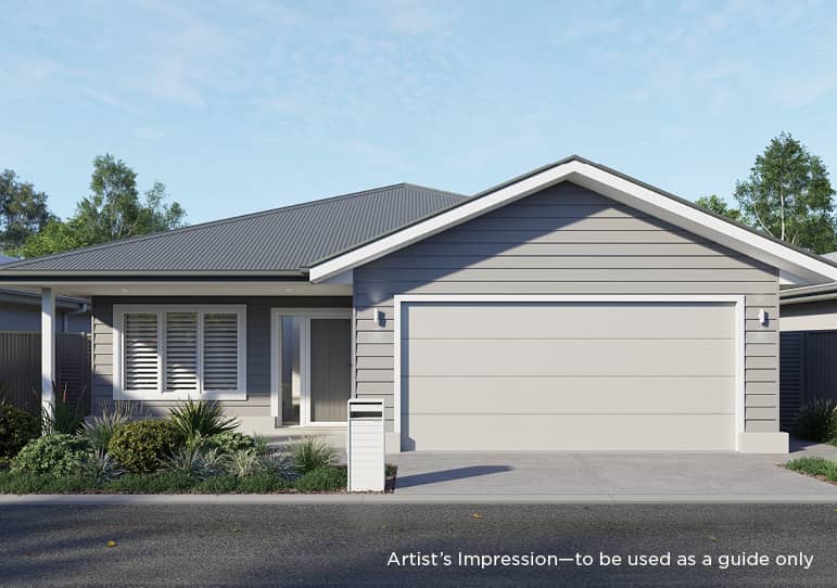 A modern grey single-story land lease home with a dark roof, white trim, attached garage, and low-maintenance landscaping.