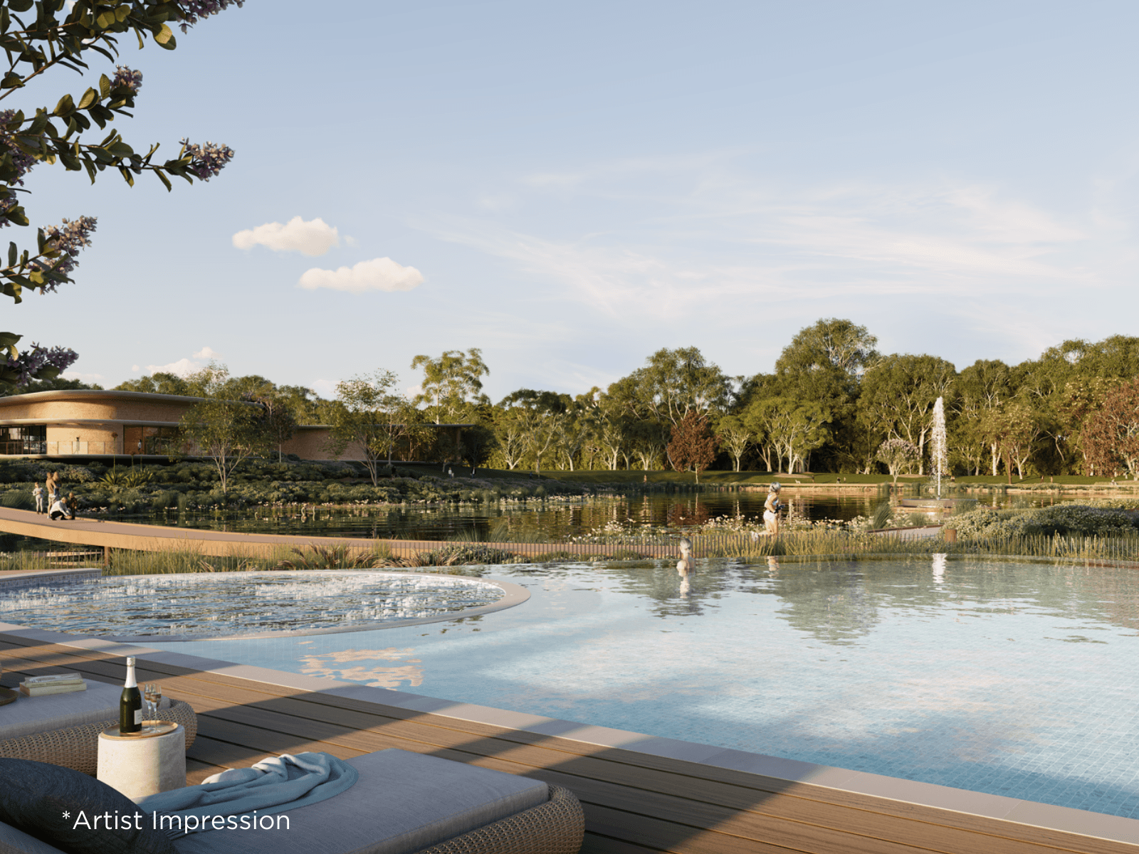 Ingenia Lifestyle community pool and spa deck, overlooking a lake with a fountain, modern clubhouse, and green landscaping.