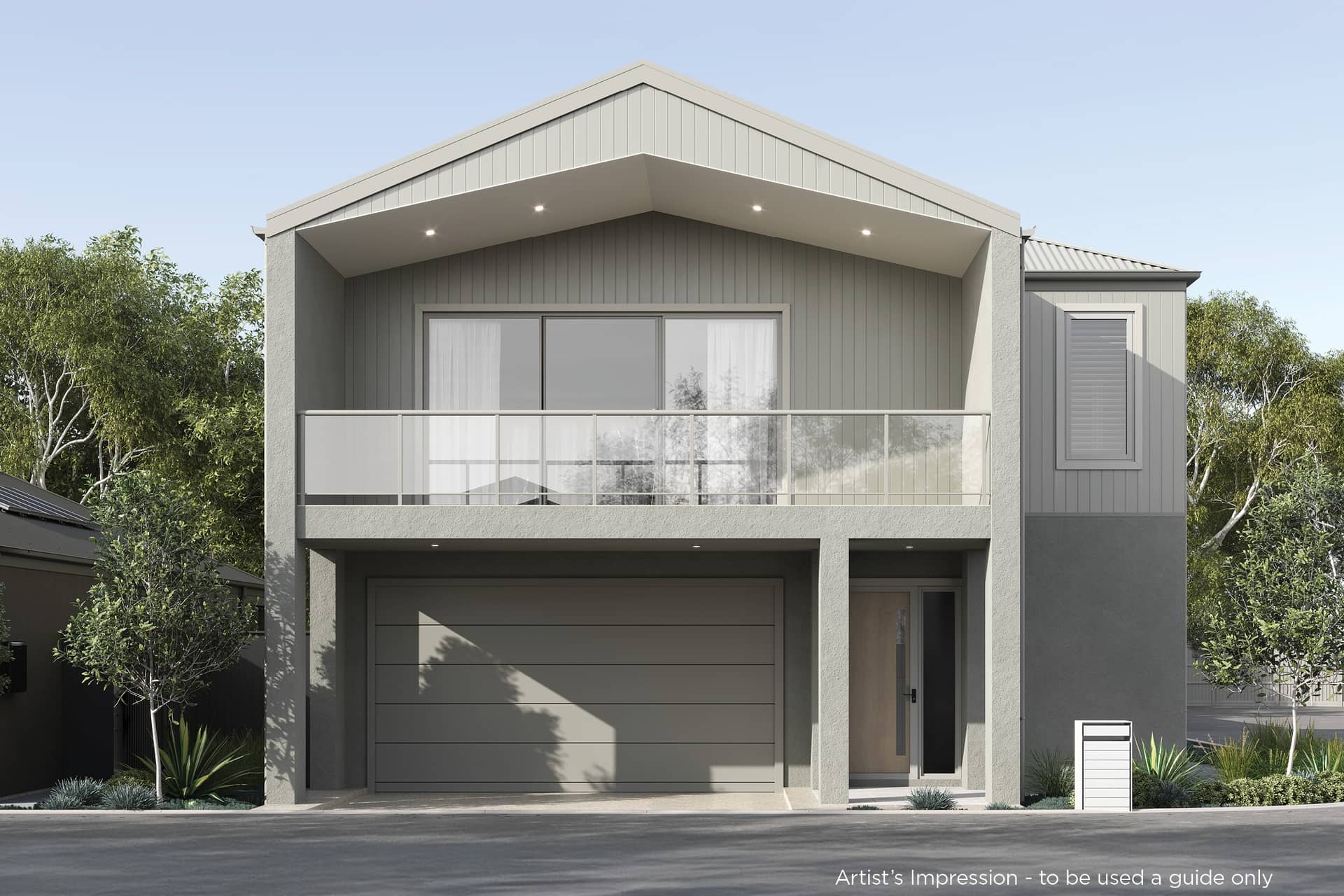 A modern two-story home, featuring a balcony, integrated garage, and landscaped front garden. Suitable for over-55 living.