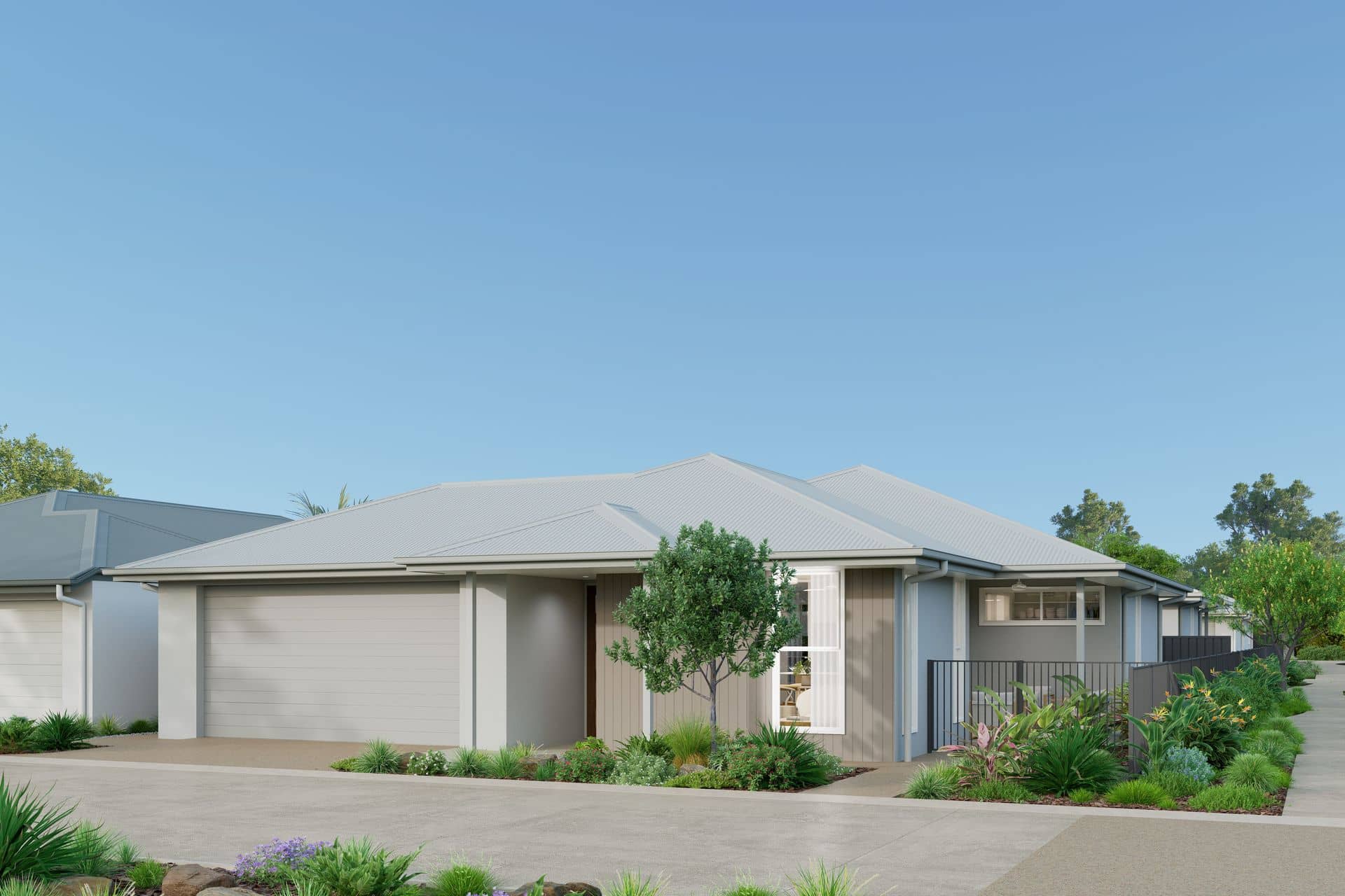 A modern land lease home with a grey roof, light brown and grey facade, and a double garage.