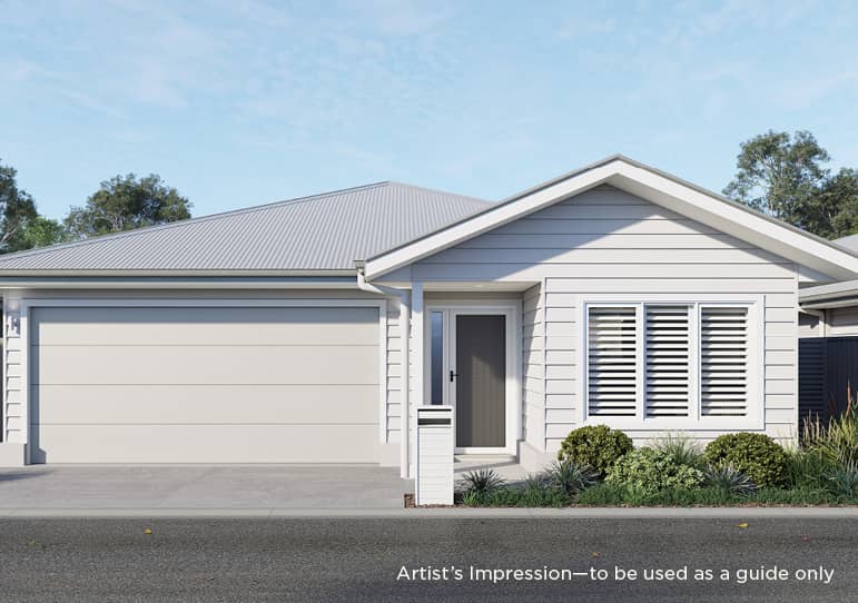 Exterior view of a single-story Ingenia Lifestyle home with a light grey facade, attached garage, and landscaped garden beds.