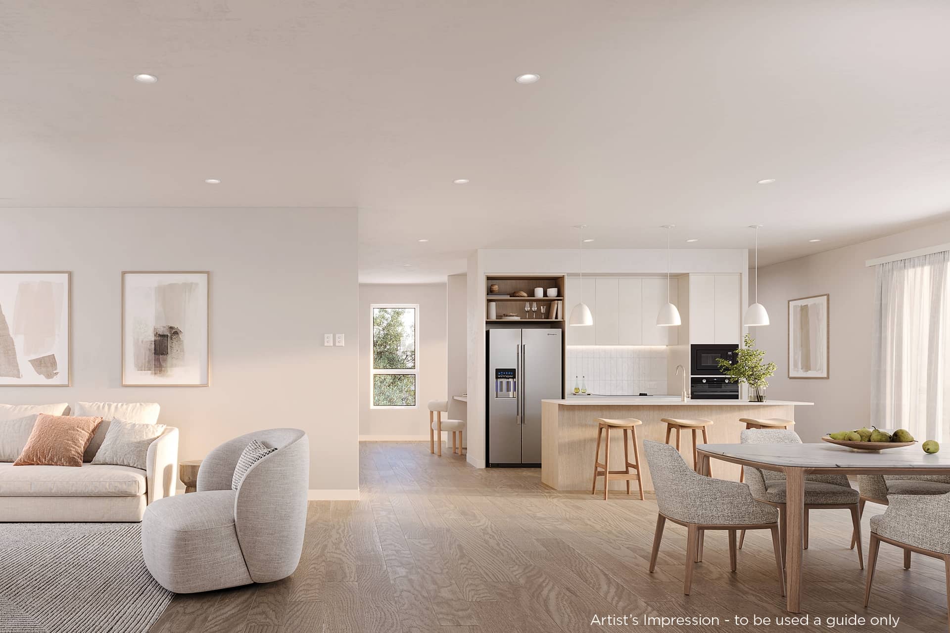 Spacious open-plan living, kitchen with island, and dining area, featuring wooden floors and natural light in an Ingenia Lifestyle home.