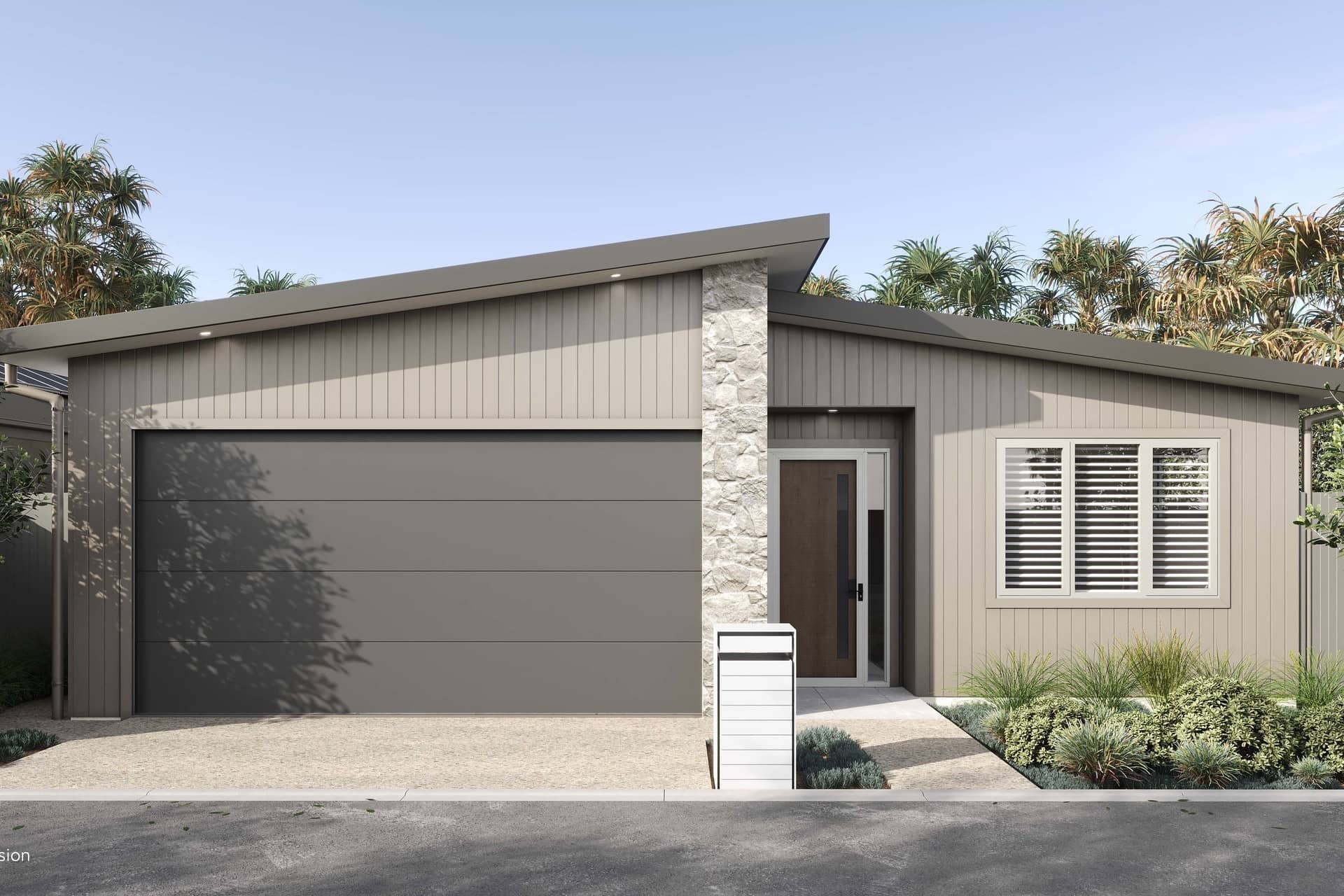 Ingenia Lifestyle over-55 home with grey garage door, stone column, and modern landscaping.