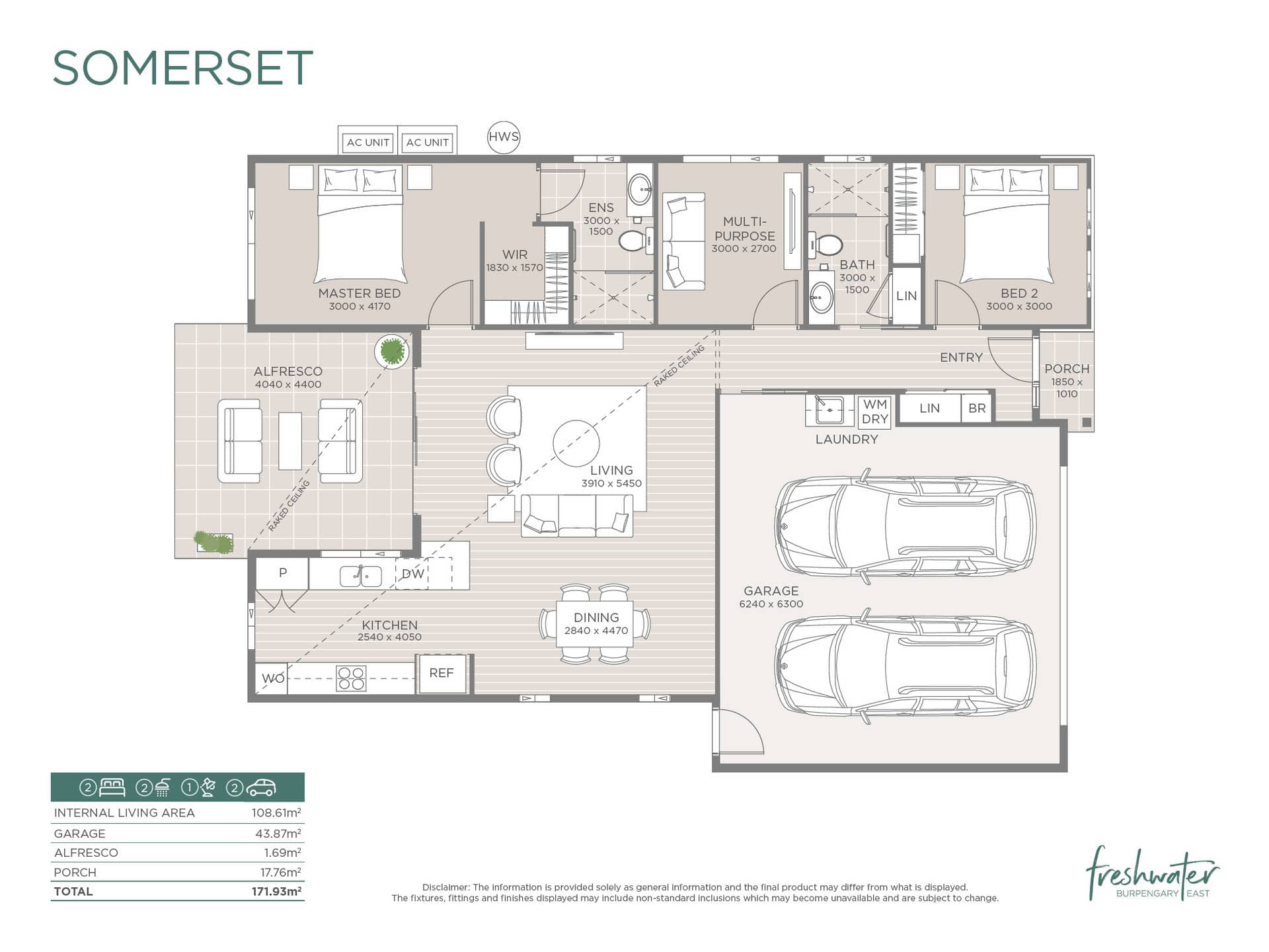 Floor plan for the Somerset land lease home at Ingenia Lifestyle, showing two bedrooms, living, dining, kitchen, and garage.