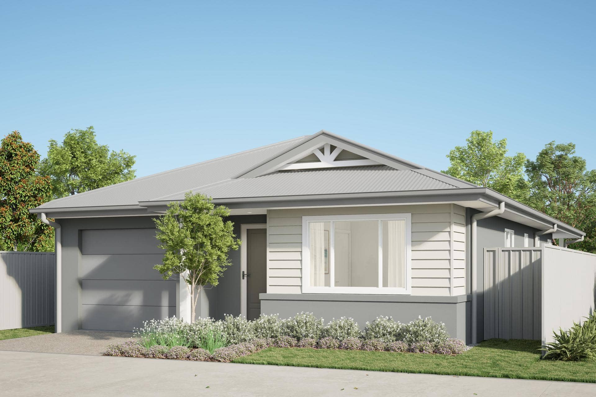 A modern Ingenia Lifestyle home with a grey roof, light siding, and a grey garage door, surrounded by greenery.