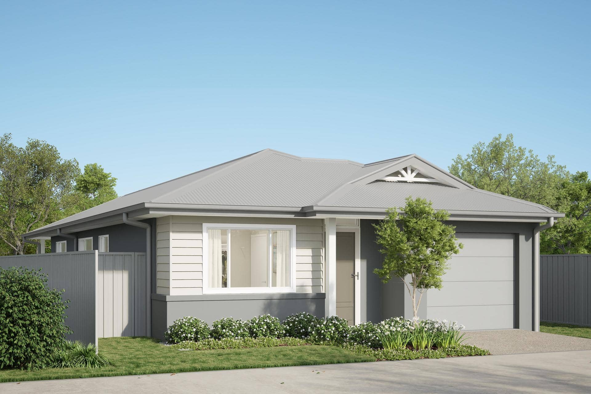 A modern Ingenia Lifestyle land lease home with a grey metal roof and neutral exterior.