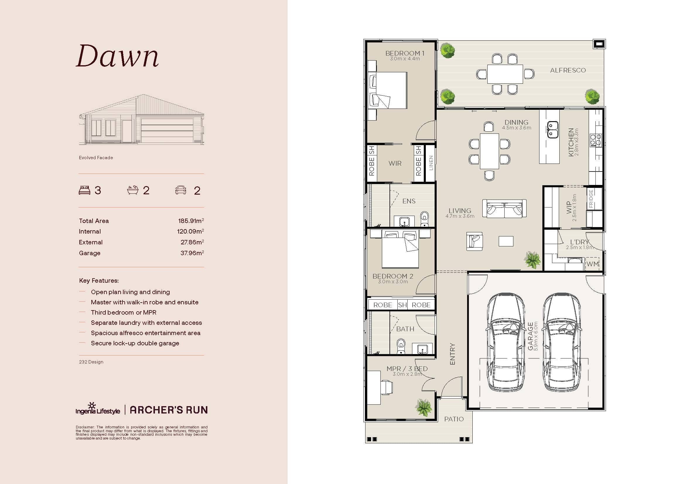Ingenia Lifestyle Dawn floor plan, a 3-bedroom, 2-bathroom land lease home with double garage and alfresco.