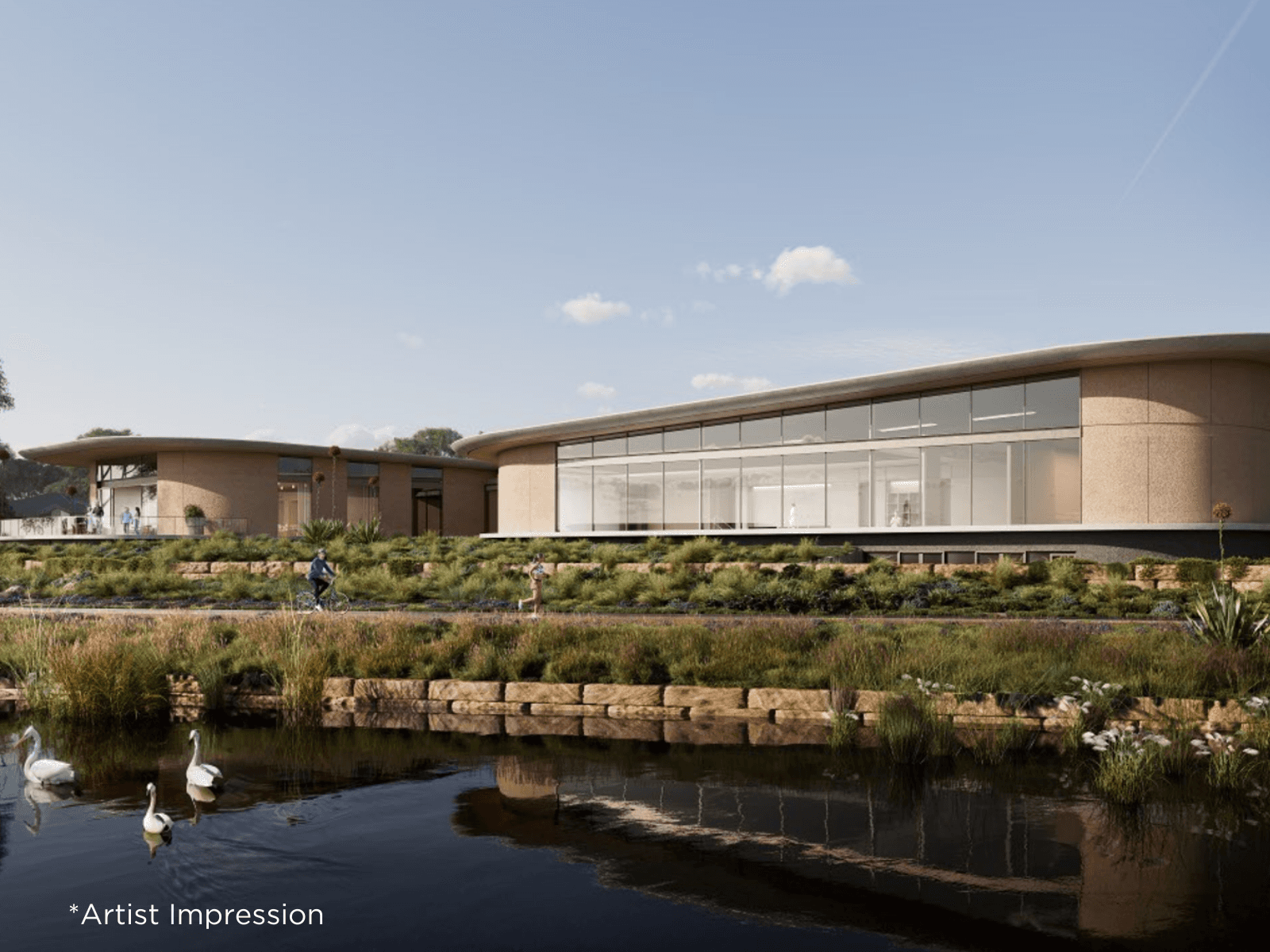 Ingenia Lifestyle community facilities: modern curved buildings, landscaped path with people, and a pond with swans.