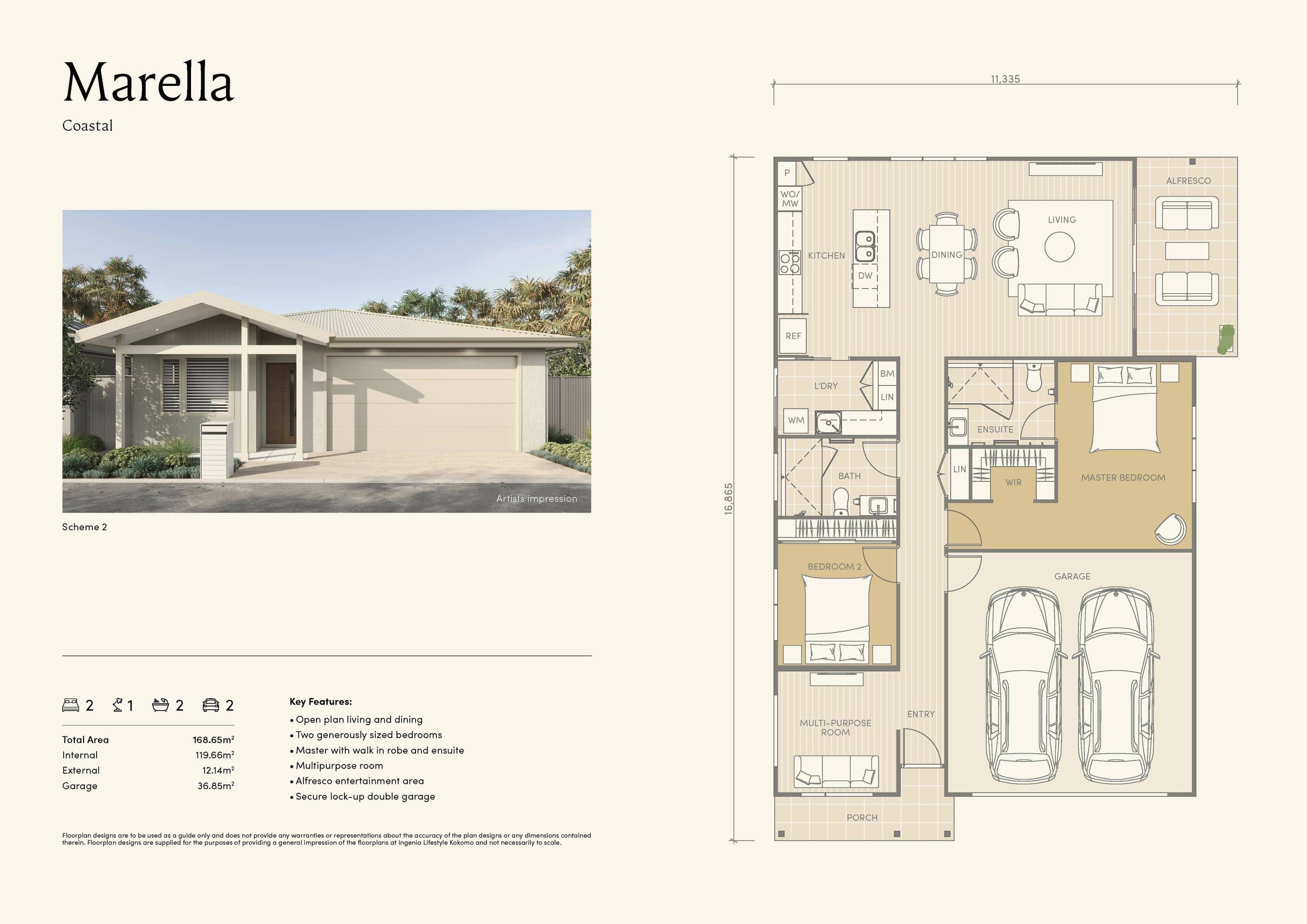 Floorplan for the Marella Coastal land lease home, featuring 2 bedrooms, 2 bathrooms, and a double garage.