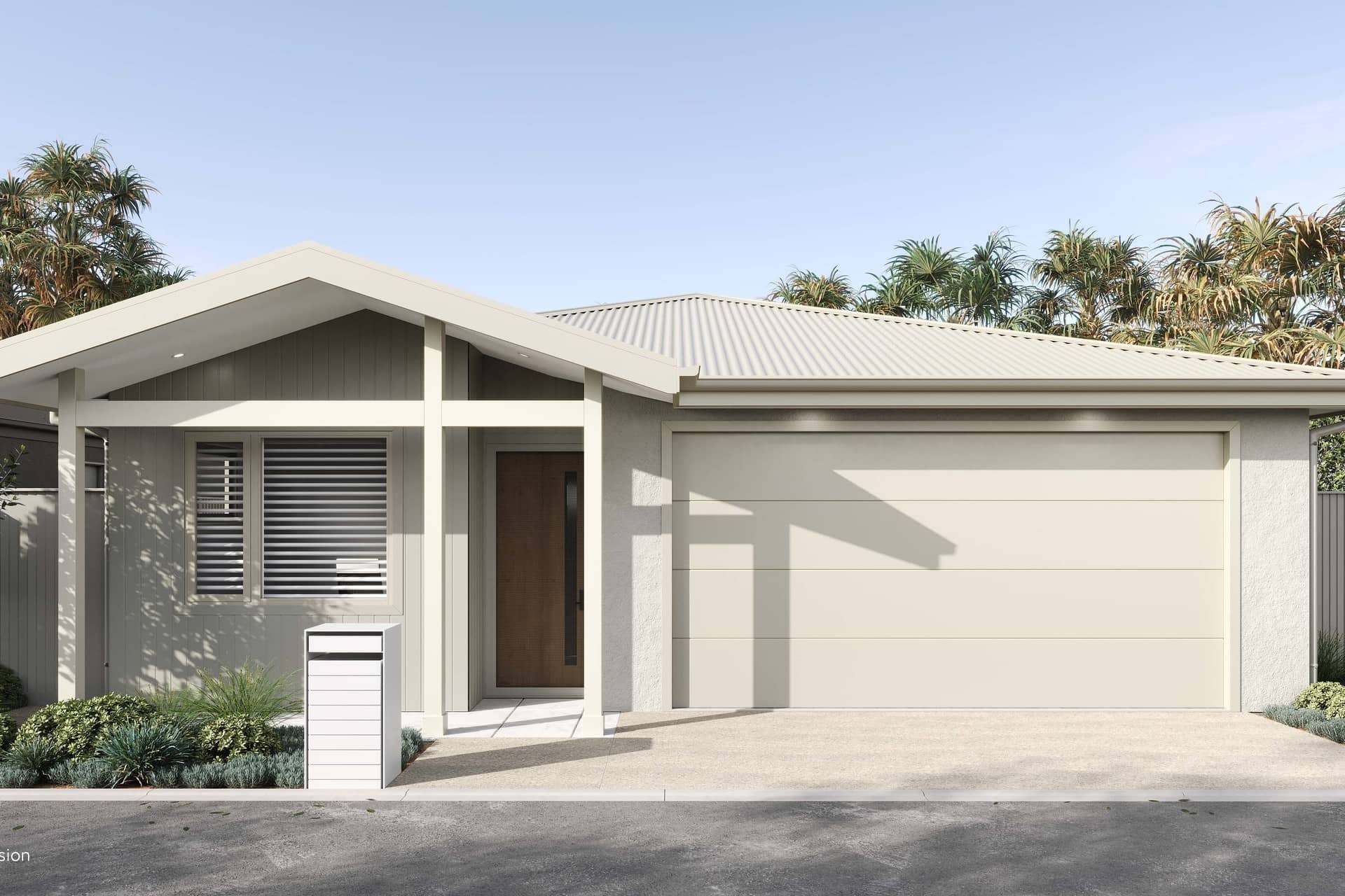 Exterior of an Ingenia Lifestyle over-55 home, featuring a single garage, entryway, white mailbox, and low-maintenance landscaping.